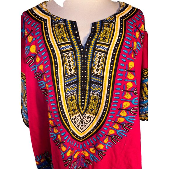 Mama and Papa Vintage Dashiki Shirt Cotton Fuchsia Patchwork Shirt with Pockets - Picture 6 of 10